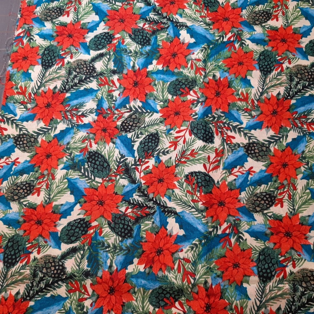 Red Poinsettias Blue Leaves Pinecones Boughs Christmas Cotton Fabric 1 Yd RTC